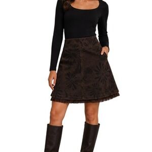 New Frontier Brown Suede Floral‎ A-Line Mini Skirt Women's 6